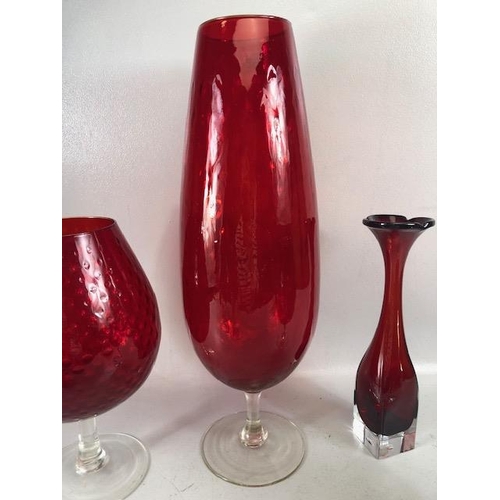 168 - Vintage Ruby glass, to include tall goblet vases art glass dish, Swedish tulip vase, 7 items  larges... 