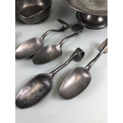 169 - Antique and vintage pewter ware to include a large ale or beer jug, spoons dishes, small jugs etc 13... 