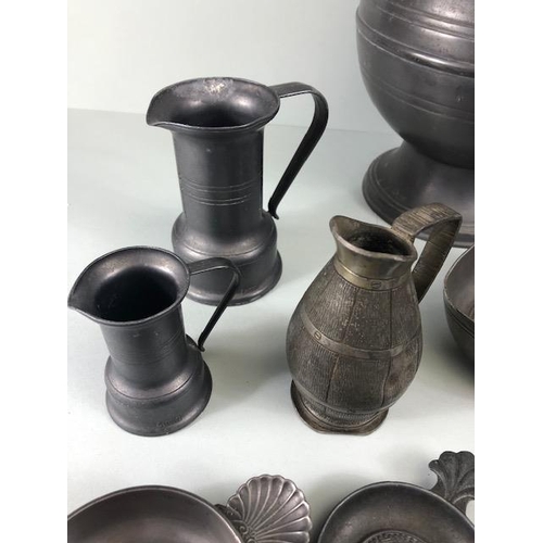 169 - Antique and vintage pewter ware to include a large ale or beer jug, spoons dishes, small jugs etc 13... 