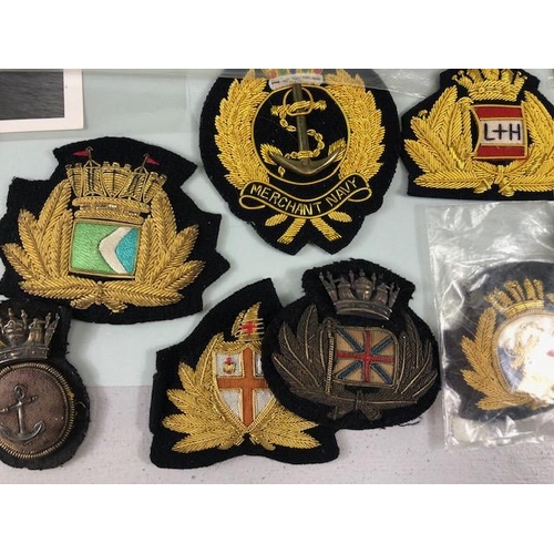 180 - Merchant Navy, collection of Embroidered cap badges vintage post cards and photos some military rela... 