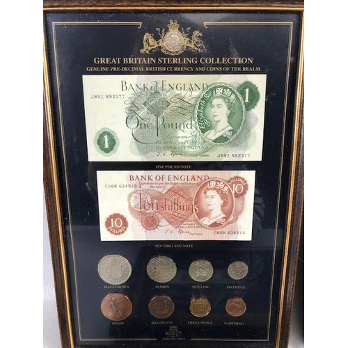 184 - Collectors bank notes, three frames containing English pre decimalisation bank notes and coins