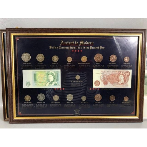 184 - Collectors bank notes, three frames containing English pre decimalisation bank notes and coins