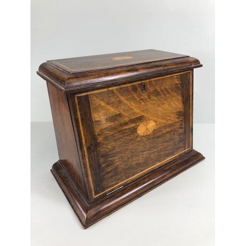 190 - Antique 19th century upright slope front oak writing box with marquetery inlay to front and top appr... 