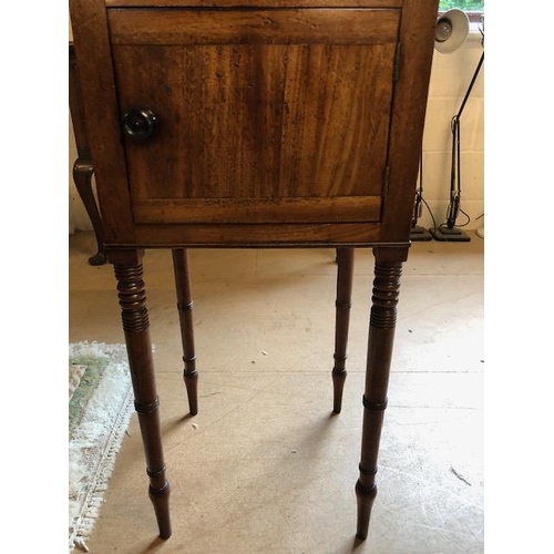 191 - Antique furniture, 19th century mahogany tall pot cupboard, on slim turned legs, with galleried top ... 