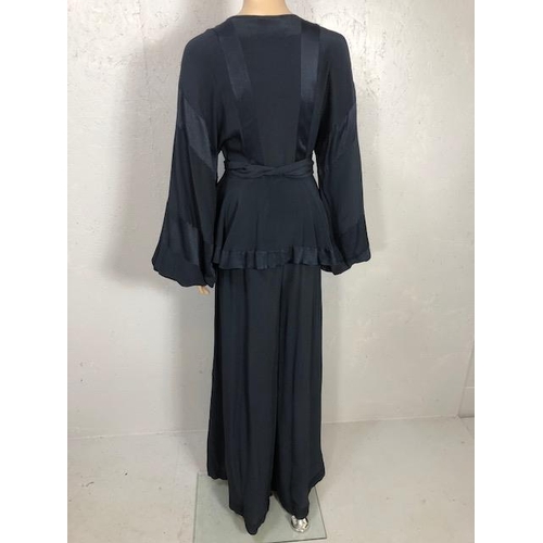 195 - Vintage designer clothing, Jean Varon (John Bates) 1970s Midnight Blue Satin Backed Crepe Wide-Leg J... 