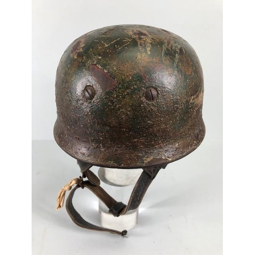 197 - Military interest, German Paratrooper, Fallschirmjager Helmet, camouflage paint work liner stamped F... 