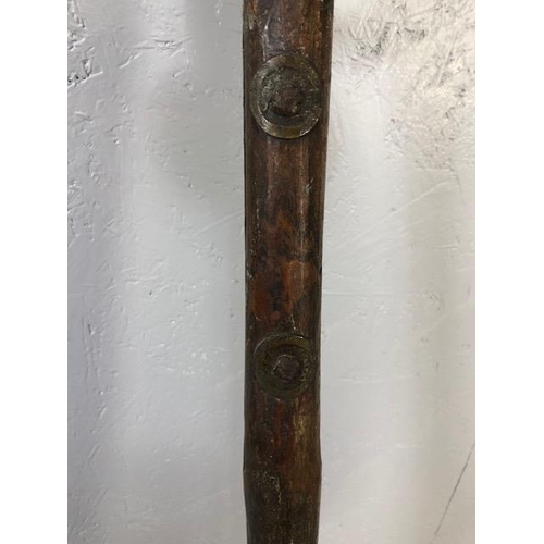 221 - 19th century Chinese Pole Arm (Glave) rustic wooden pole with iron nails and attached lucky coins. S... 