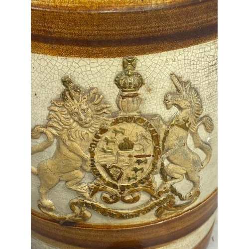 236 - Salt glazed barrels, one approximately 42cm high, the other embossed with royal coat of arms approxi... 