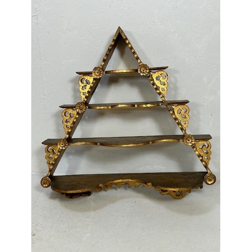 239 - Antique furniture, Austria wooden  pyramid wall mounted shelves of gilded finish approximately 77cm ... 