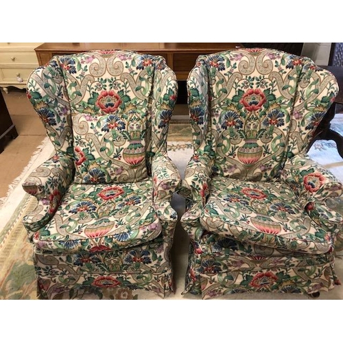 244 - Parker Knoll, pair of wing back chairs with William Morris inspired removeable covers