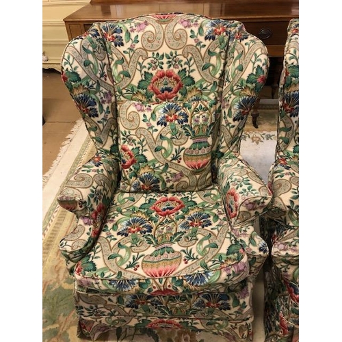 244 - Parker Knoll, pair of wing back chairs with William Morris inspired removeable covers