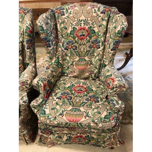 244 - Parker Knoll, pair of wing back chairs with William Morris inspired removeable covers