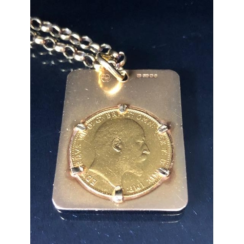 25 - 1909 GOLD SOVEREIGN in a 9kt gold mount on a 9kt gold chain total weight approx 23.4g