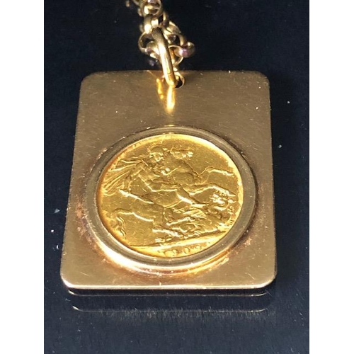 25 - 1909 GOLD SOVEREIGN in a 9kt gold mount on a 9kt gold chain total weight approx 23.4g