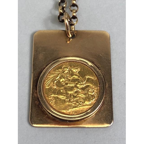 25 - 1909 GOLD SOVEREIGN in a 9kt gold mount on a 9kt gold chain total weight approx 23.4g