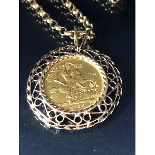 26 - 1966 GOLD SOVEREIGN in a Gold unmarked mount with a 9kt gold chain total weight approx 26.2g