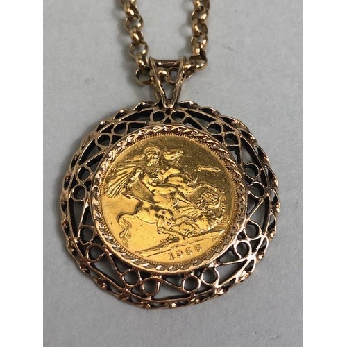 26 - 1966 GOLD SOVEREIGN in a Gold unmarked mount with a 9kt gold chain total weight approx 26.2g