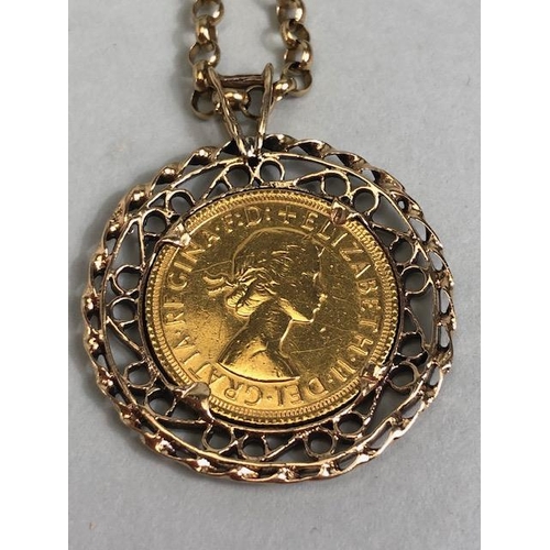 26 - 1966 GOLD SOVEREIGN in a Gold unmarked mount with a 9kt gold chain total weight approx 26.2g