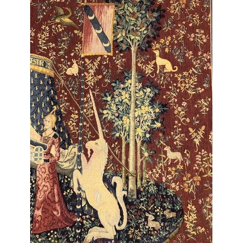 271 - Tapestry style wall hangings, one of the famous Lady and the Unicorn, approx 145cm x 187cm, and the ... 