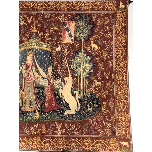 271 - Tapestry style wall hangings, one of the famous Lady and the Unicorn, approx 145cm x 187cm, and the ... 