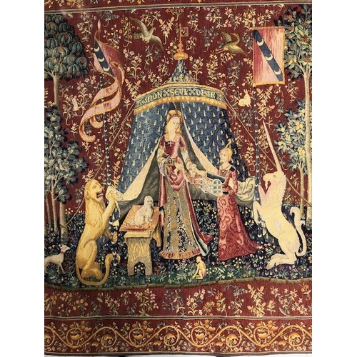 271 - Tapestry style wall hangings, one of the famous Lady and the Unicorn, approx 145cm x 187cm, and the ... 