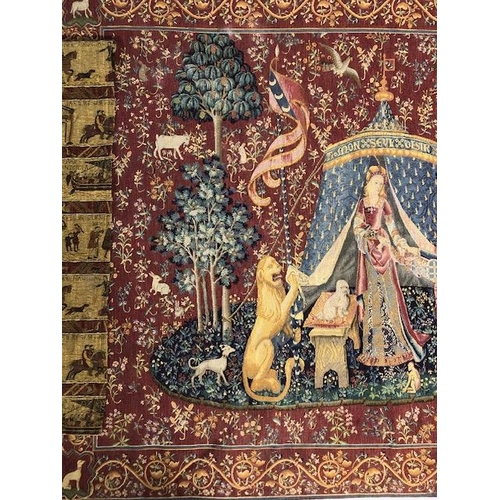 271 - Tapestry style wall hangings, one of the famous Lady and the Unicorn, approx 145cm x 187cm, and the ... 