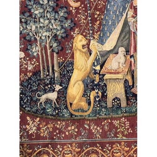 271 - Tapestry style wall hangings, one of the famous Lady and the Unicorn, approx 145cm x 187cm, and the ... 