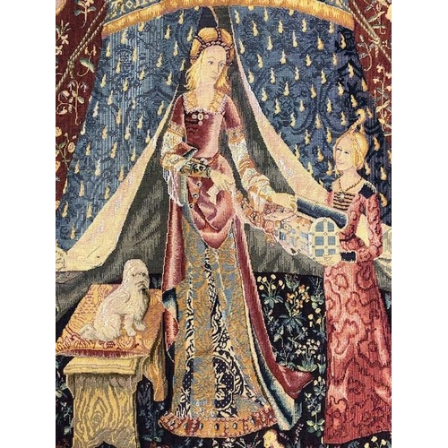 271 - Tapestry style wall hangings, one of the famous Lady and the Unicorn, approx 145cm x 187cm, and the ... 