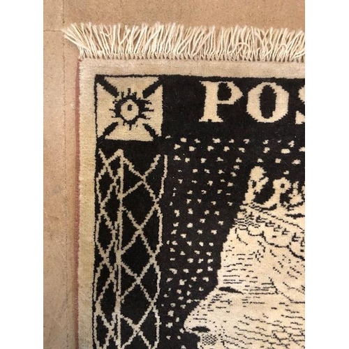 275 - Hand knotted wool rug designed as a penny black postage stamp approximately 95 x 90 cm