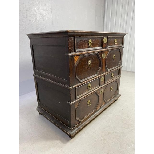 289 - Antique chest of five drawers, divides into two sections with brass handles approx 102 x 60 x 90cm (... 