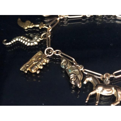 29 - 9ct Gold Charm bracelet with approx 11 charms to include a Dachshund, race horse, seahorse, horse sh... 