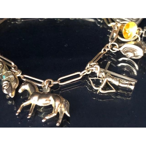 29 - 9ct Gold Charm bracelet with approx 11 charms to include a Dachshund, race horse, seahorse, horse sh... 