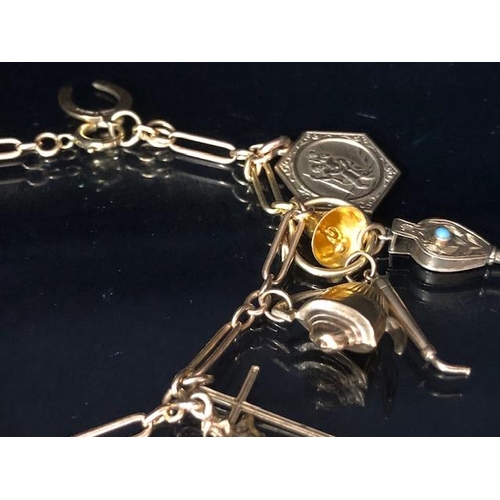 29 - 9ct Gold Charm bracelet with approx 11 charms to include a Dachshund, race horse, seahorse, horse sh... 