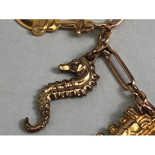 29 - 9ct Gold Charm bracelet with approx 11 charms to include a Dachshund, race horse, seahorse, horse sh... 