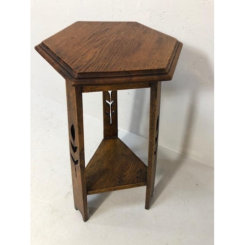 294 - Antique furniture, Arts and Crafts style oak pot stand with hexagonal top approximately 74cm high