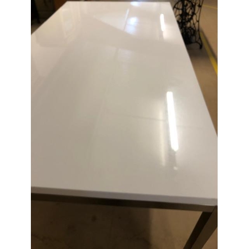 295 - Modern oblong dining table, polished metal frame with white melamine top approximately 180 x 90 x 76