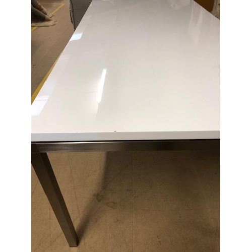 295 - Modern oblong dining table, polished metal frame with white melamine top approximately 180 x 90 x 76