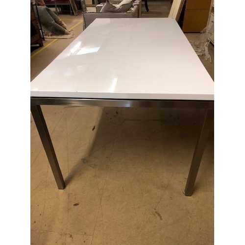 295 - Modern oblong dining table, polished metal frame with white melamine top approximately 180 x 90 x 76