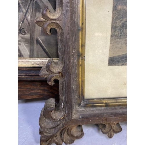 296 - Antique prints in decorative oak frames, one of gothic design, one of arts and crafts design