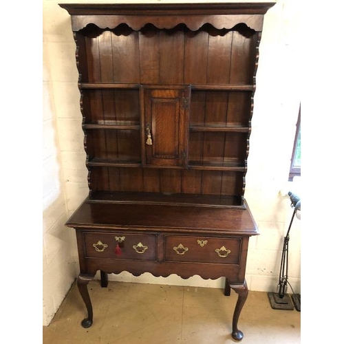 301 - Antique furniture, 19th century oak dresser, on cabriolet legs, two drawer base with three shelf top... 