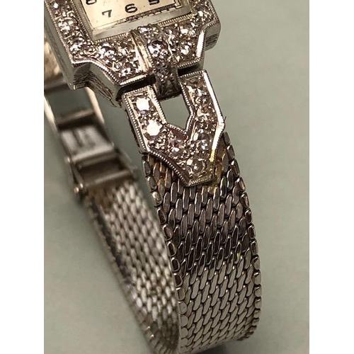 34 - 9ct white gold Art Deco design Swiss bracelet watch, with safety clasp, WHW Ltd, the case set with a... 