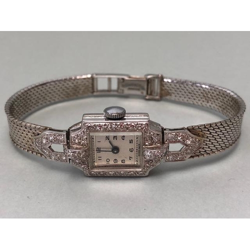 34 - 9ct white gold Art Deco design Swiss bracelet watch, with safety clasp, WHW Ltd, the case set with a... 