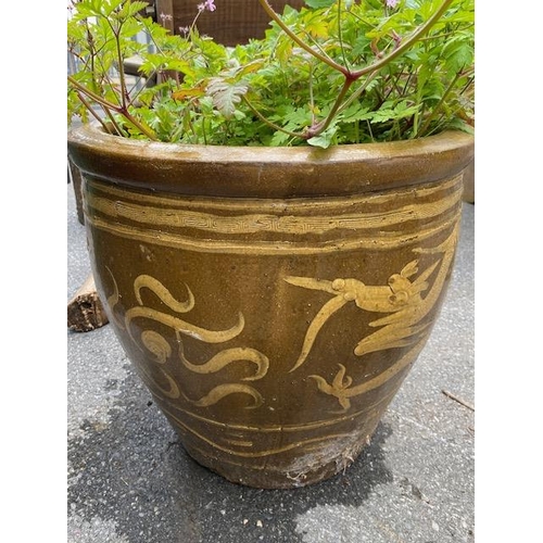 356 - Large Chinese style glazed garden planter with dragons, approx 49cm tall