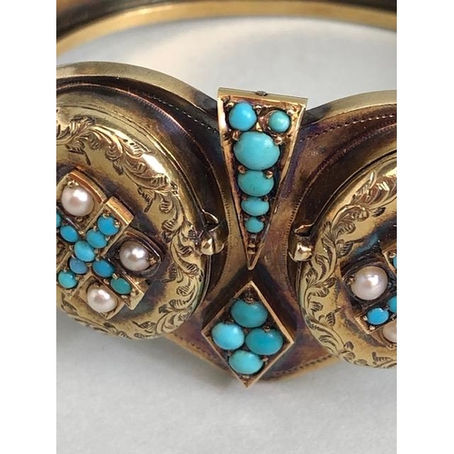 37 - Antique Victorian gold metal twin locket sweet heart bracelet set with turquoise and seed pearls, (r... 