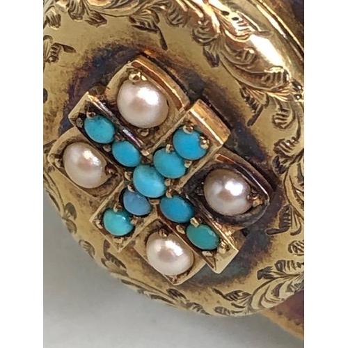 37 - Antique Victorian gold metal twin locket sweet heart bracelet set with turquoise and seed pearls, (r... 