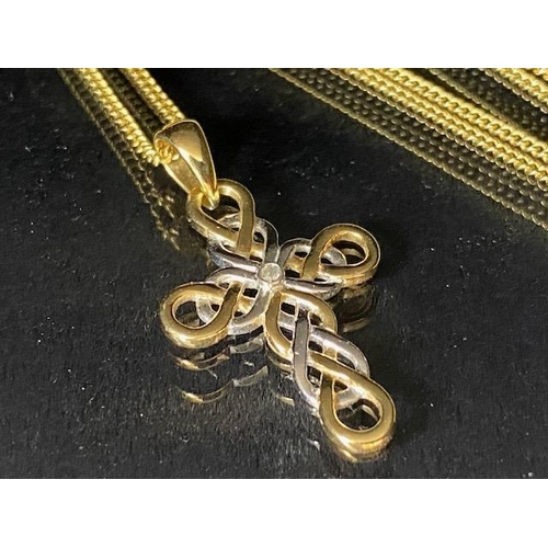 4 - 9ct Gold chain and two colour 9ct gold cross of loop design set with a single diamond to the center ... 