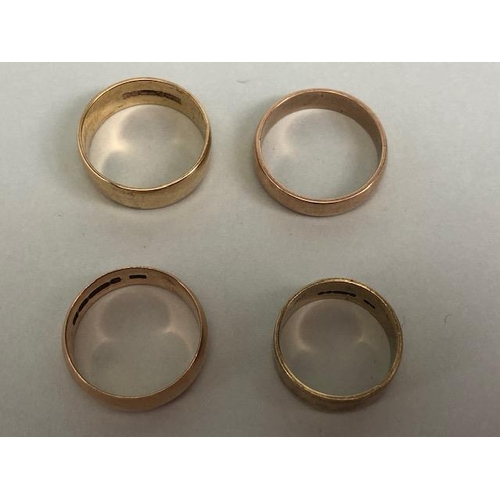 42 - 9ct gold wedding bands x four approximately O (3.9g) P (3.5g not hallmarked) O (3.5g) J (2.9g)