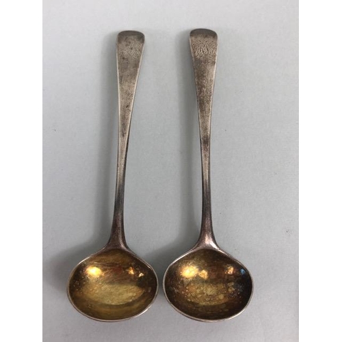 43 - Pair of Georgian salt spoons with gold gilt bowls and a hallmarked silver napkin ring decorated with... 