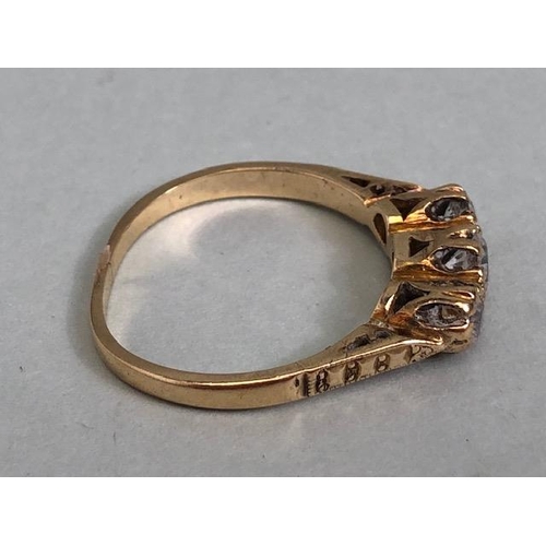 49 - Antique Yellow Gold ( hall mark worn) 3 stone diamond ring, pattern to shoulders approximately 1.9g