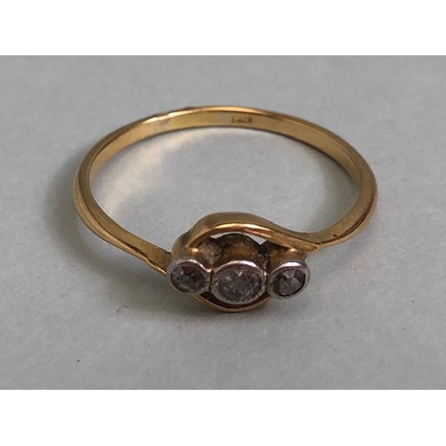 50 - Antique yellow gold (hall mark worn) three stone diamond twist ring approximately 1.7g size N